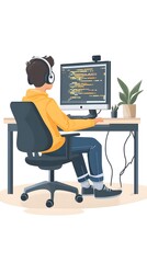 A young male programmer is sitting at his desk. He has headphones on, and the computer screen shows code