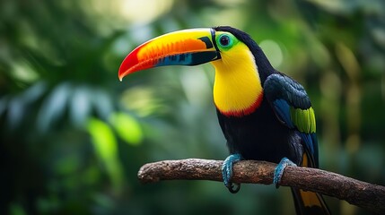 Colorful toucan showcasing its large beak while perched on a branch perfect for vibrant bird photos