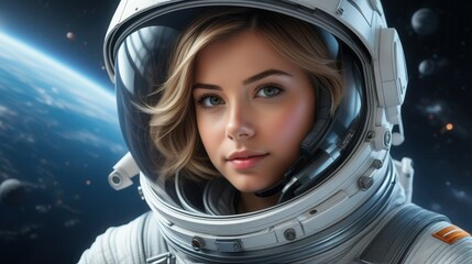 A woman wearing an astronauts helmet is gazing directly at the camera