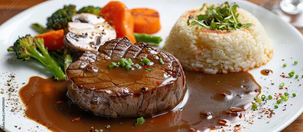 Poster thick cut beef fillet steak accompanied by rice vegetables mushrooms and gravy on a white porcelain 