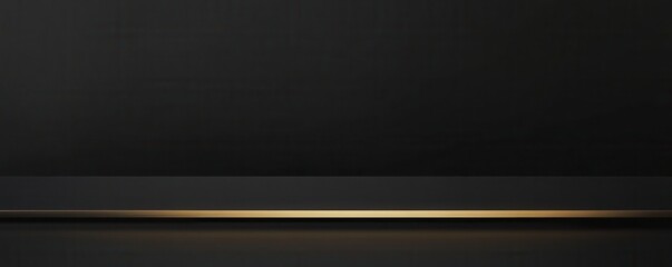Elegant black backdrop, slender gold border at the base, ideal for showcasing text or branding, creating a sophisticated and modern aesthetic, perfect for presentations or promotions.