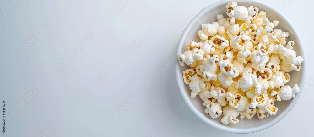Poster Delicious popcorn in a white bowl top view close up. with copy space image. Place for adding text or design
