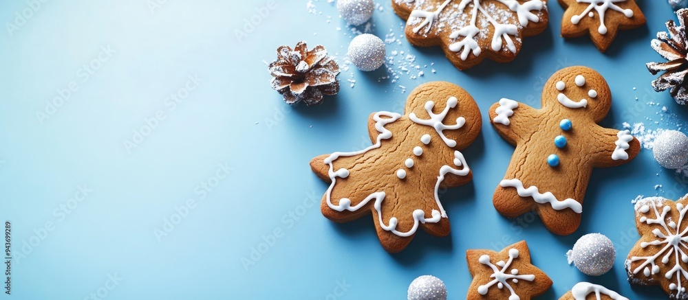 Poster Christmas gingerbread cookies on a blue backdrop Christmas setting Festive scene. with copy space image. Place for adding text or design