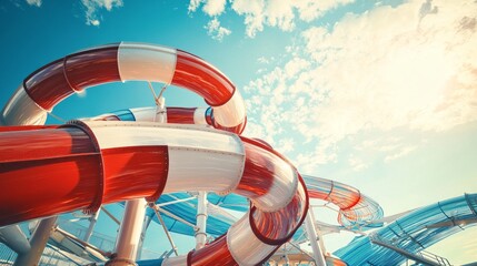 A colorful water slide with bold red and white stripes twists against a bright blue sky. Perfect for summer fun and adventure. A thrilling ride at a water park or pool. AI