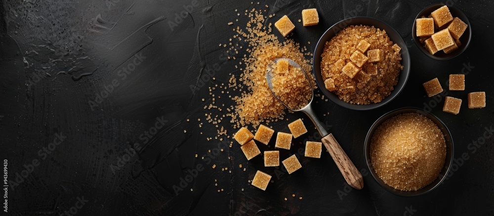 Poster brown and white sugar in bowls with a scoop and spoon cane refined granulated cubes and candy top vi