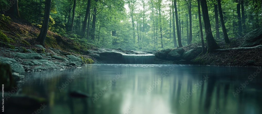 Poster Long exposure of a tranquil water pool in the forest. with copy space image. Place for adding text or design