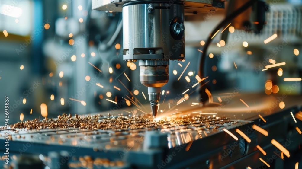 Poster detailed shot of a cnc machine operating in a precision engineering workshop, cutting metal into int