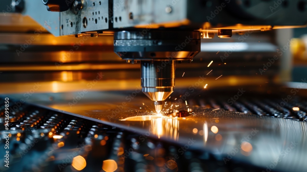 Poster detailed shot of a cnc machine operating in a precision engineering workshop, cutting metal into int