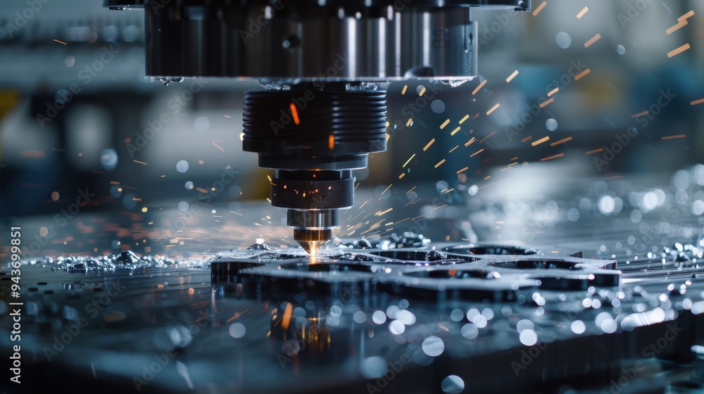 Poster detailed shot of a cnc machine operating in a precision engineering workshop, cutting metal into int