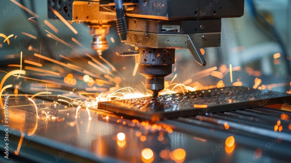 Poster detailed shot of a cnc machine operating in a precision engineering workshop, cutting metal into int