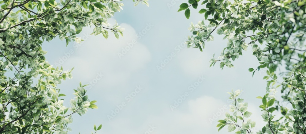 Leinwandbilder Tree branches overcast skies and green foliage. with copy space image. Place for adding text or design