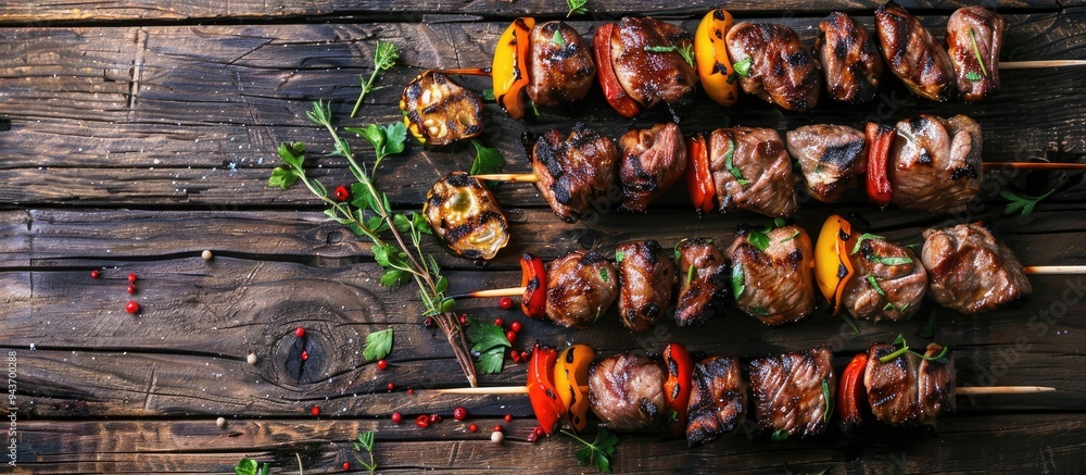 Poster kebabs skewers of grilled meat and vegetables on a brown wooden surface grilled meat skewers top vie