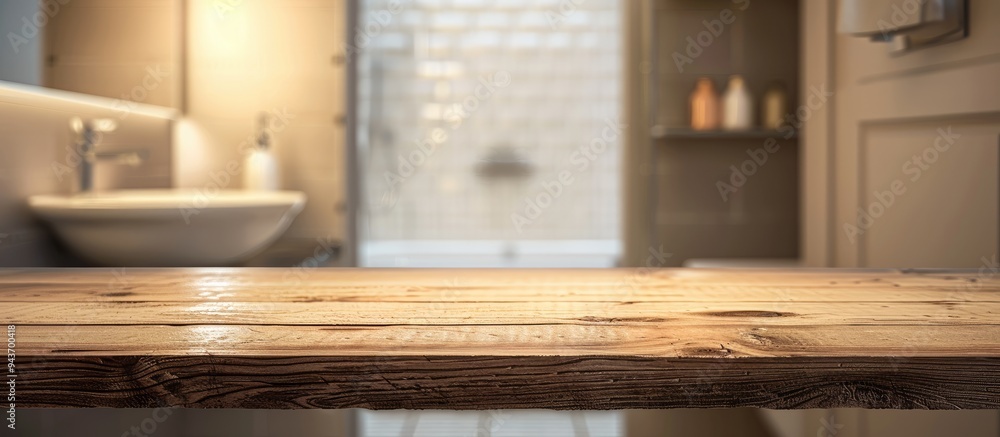 Aufkleber tabletop with a blurred bathroom in the background. with copy space image. place for adding text or 