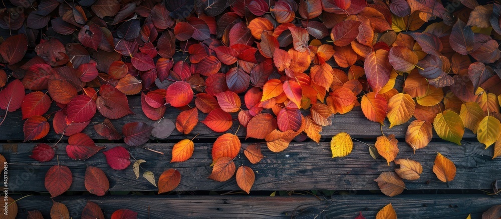 Poster Creative arrangement of vibrant autumn leaves on a weathered wooden surface A gradient of fall leaf colors Top view copyspace