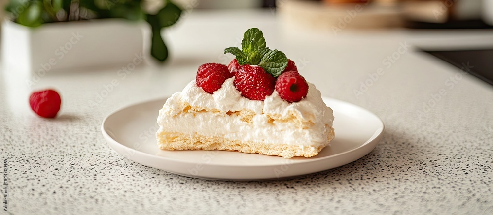 Aufkleber homemade pavlova on a plate with one piece taken placed on a speckled countertop. with copy space im