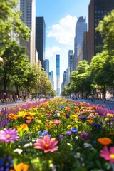 Vibrant spring flowers bloom in a bustling cityscape lined with skyscrapers and green trees
