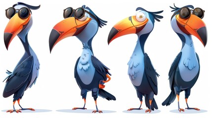 A colorful animated bird character with sunglasses in various poses.