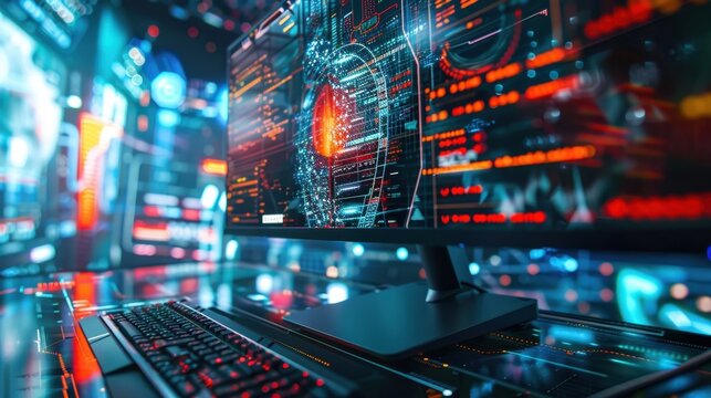 Detailed view of a high-resolution gaming monitor displaying a complex virtual world, representing computer graphics