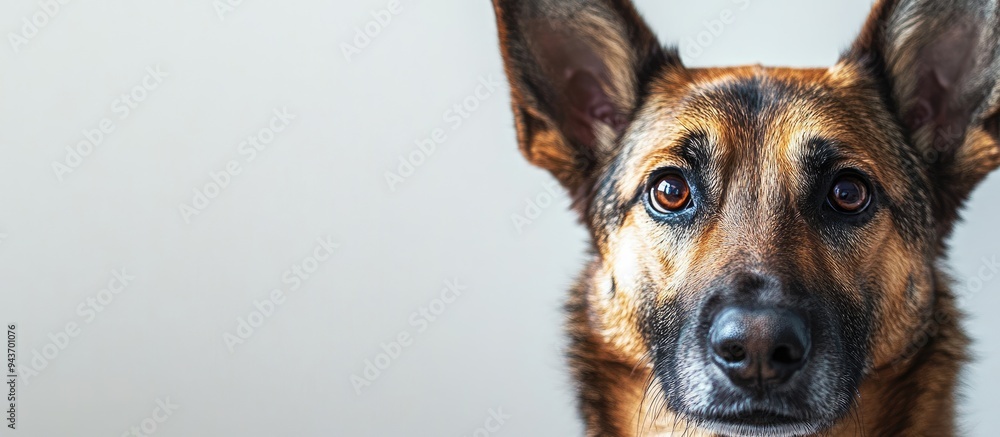 Poster Close up portrait of an adorable shepherd dog indoors looking at the camera with interest. with copy space image. Place for adding text or design