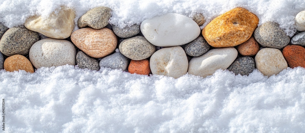 Aufkleber Texture of small stones with snow Background of pebbles and ice Abstract backdrop texture pattern frame area for text copy space