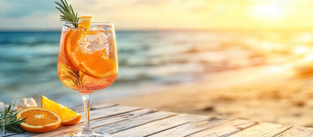 Aufkleber Aperol spritz cocktail in a glass with orange slices and rosemary on a table at the beach Room for text. with copy space image. Place for adding text or design