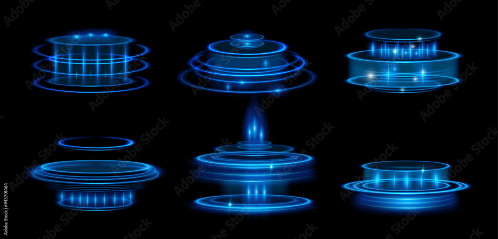 Poster Portal and hologram futuristic circle elements in HUD style teleport podiums with light and glow. Vector isolated set of modern futuristic tunnels. UI virtual reality projector, abstract technology