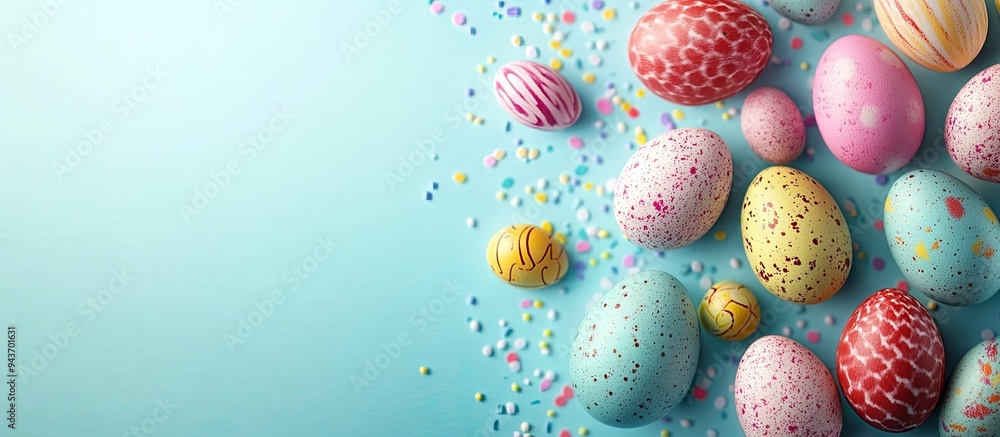 Poster Background featuring multicolored Easter eggs. with copy space image. Place for adding text or design