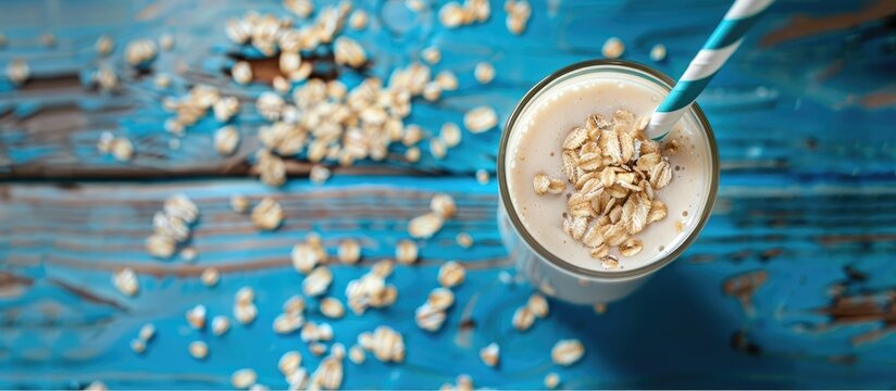 Oat milk in a glass with a blue paper straw on a wooden surface with copy space