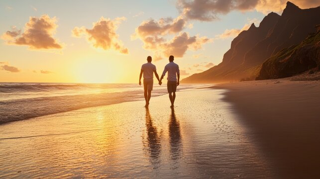 Two Men Holding Hands Walk Along a Sandy Beach at Sunset, with a Mountain Range in the Distance