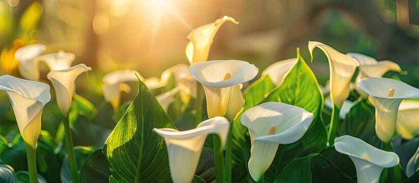 Calla Lilies also known as Arum Lilies adorn the shade of a spring garden in the soft light of early morning. with copy space image. Place for adding text or design