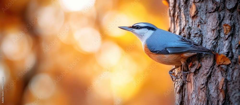 Fototapete Eurasian Nuthatch Sitta europaea in autumn perched on a tree trunk. with copy space image. Place for adding text or design