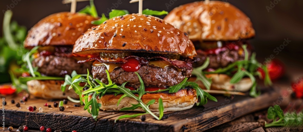 Poster delicious burgers and beer beef burgers topped with lettuce and cheese on a wooden table. with copy 