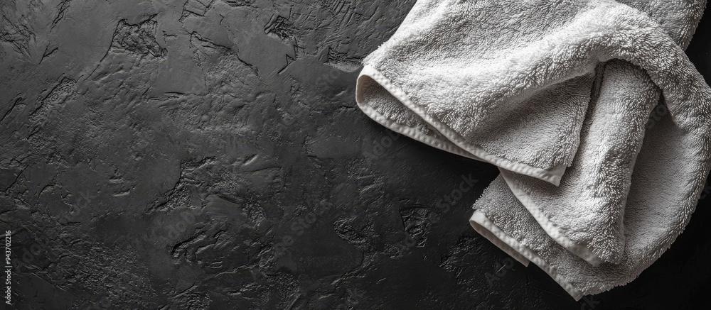 Aufkleber Soft terry towel on a black textured background viewed from above Room for text. with copy space image. Place for adding text or design