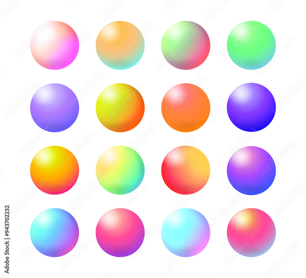 Poster Gradient colorful sphere in trendy style. Vector isolated set of balls with rainbow color palette. Fluid shape for banners and templates, web elements design. Futuristic decor with reflective surface