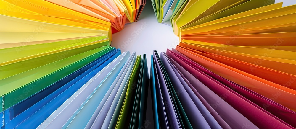 Poster Top view of vibrant hardback books arranged in a circle An open book with fanned pages set against a white background providing free copy space Back to school copy space Educational background