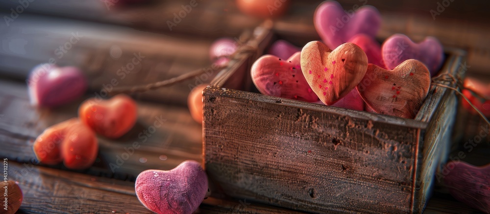 Poster vibrant hearts and a wooden box. with copy space image. place for adding text or design