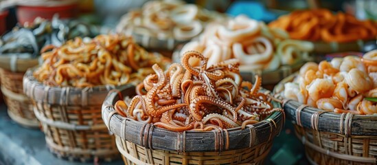 Fototapeta premium Asian cuisine dried squid in a bamboo basket. with copy space image. Place for adding text or design