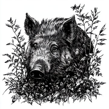 Black and white Vintage engraved art of a wild boar hidden among a patch of thick brambles and forest undergrowth, isolated on white background, ink sketch illustration, simple vector art design