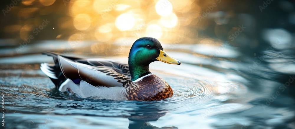 Poster a duck swimming on the water. with copy space image. Place for adding text or design