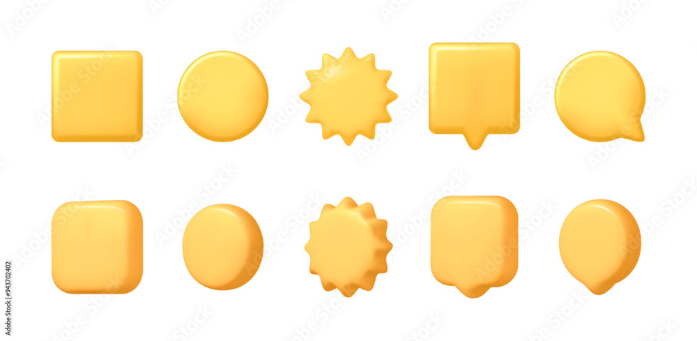 Poster speech bubble and shapes collection, isolated 3d sun, square and circle talk box stickers. vector di