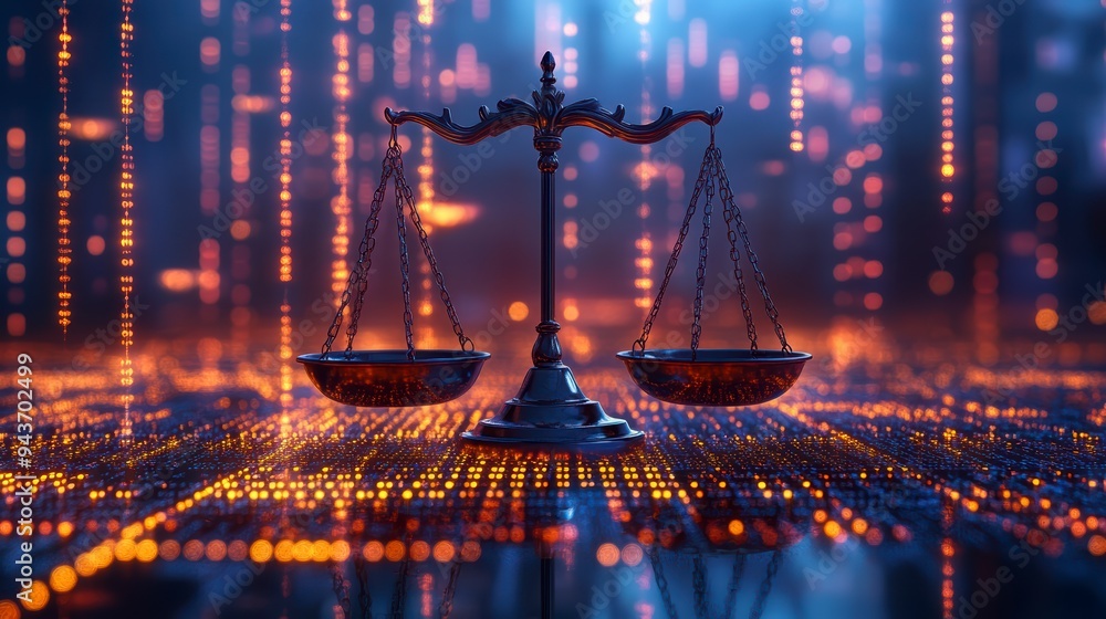 Aufkleber the digital scales of justice against the backdrop of data and code symbolize the rule of law in the