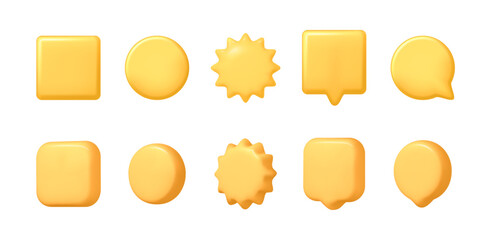 Speech bubble and shapes collection, isolated 3d sun, square and circle talk box stickers. Vector different geometric shapes tags for chats, badges template with space for text for website