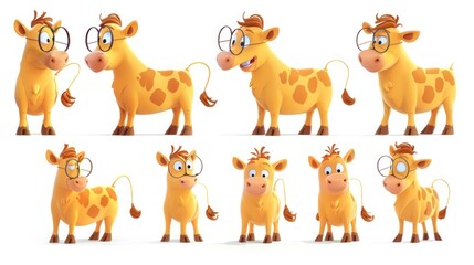 Fototapeta premium A cartoon cow character with glasses showing various expressions and poses.