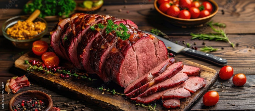 Poster traditional lunch meat featuring sliced cold cuts of roast beef garnished with red ribes viewed from