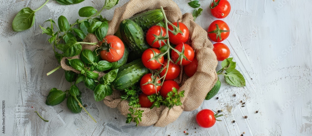 Poster creative natural arrangement of tomatoes cucumbers and leaves on a white background flat lay eco bag
