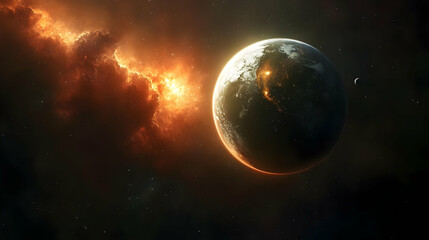 Fototapeta premium A lone planet in the vastness of space, bathed in the glow of a distant supernova.