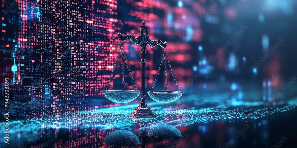 Poster the digital scales of justice against the backdrop of data and code symbolize the rule of law in the