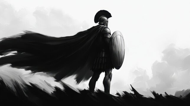 A bold warrior stands in silhouette against a dramatic sky, representing strength, courage, and determination in a striking black and white scene.