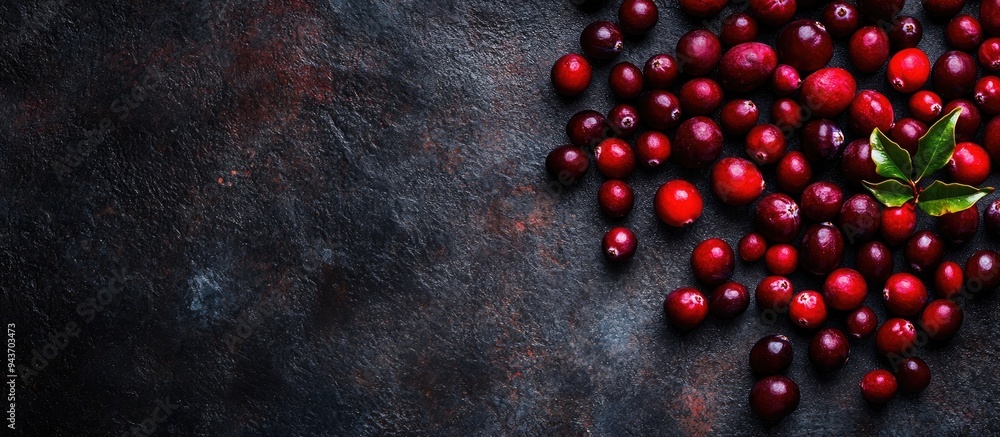 Poster Fresh and sugared cranberries on a black background Top view. with copy space image. Place for adding text or design