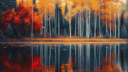 Obraz premium Autumn colors reflect on a serene lake surrounded by vibrant trees during sunset in a tranquil forest